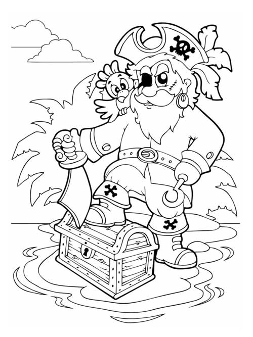 Capitaine pirate et son trésor à colorier - Coloriages de pirates à imprimer