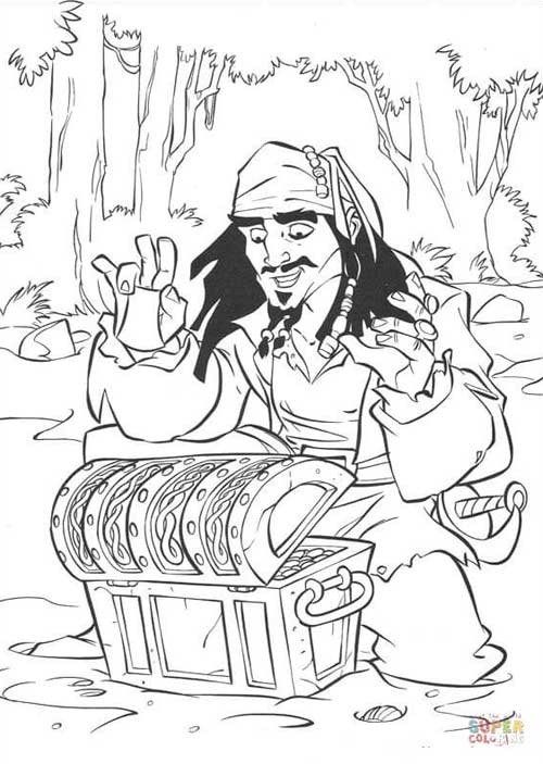Jack Sparrow et son trésor à colorier - Coloriages de pirates à imprimer