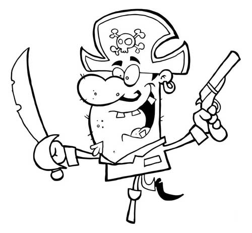 Un pirate unijambiste avec son sabre et son pistolet à colorier - Coloriages de pirates à imprimer