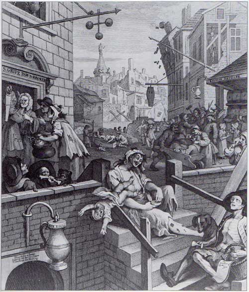 Gin Lane dans l'angleterre de 1751 - par William Hogarth Gravures anciennes, aquarelles et peintures sur le thème des pirates et corsaires