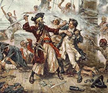 Capture of the Pirate, Blackbeard, 1718. Peint par Jean Léon Gérome FERRIS en 1920