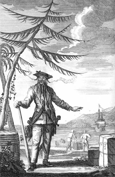 Blackbeard tenant un mousquet - gravure de 1736