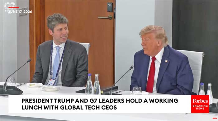 Le patron d'OpenAI Sam Altman (à gauche) et le président américain Donald Trump au sommet du G7 à Evian, le 17 juin 2026