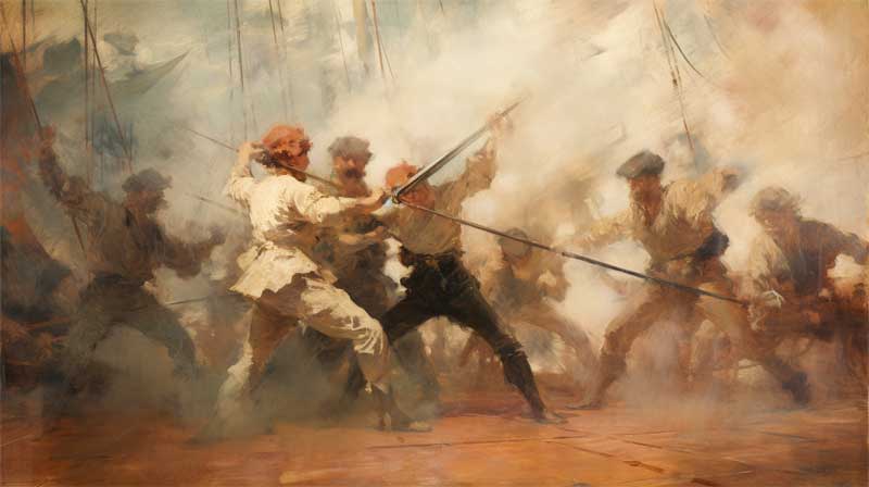 Combat au sabre entre pirates gnr par l'IA midjourney, style symbolisme de Edgar Degas