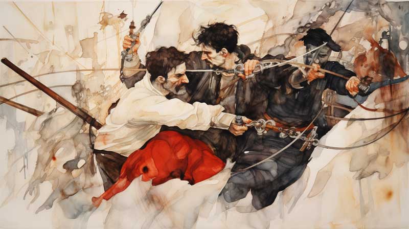 Combat au sabre entre pirates gnr par l'IA midjourney, style expressionisme de Egon Schiele