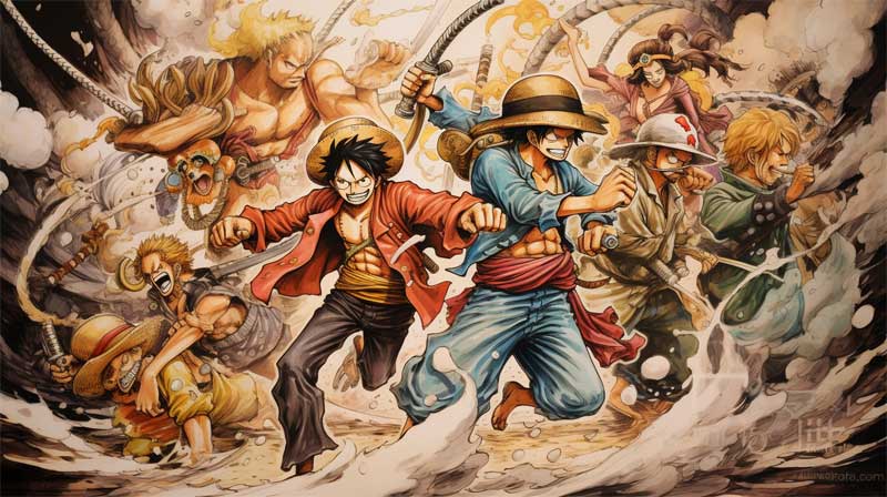 Combat au sabre entre pirates gnr par l'IA midjourney, style Eiichiro Oda, auteur de One Piece