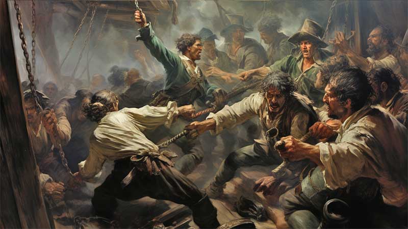 Combat au sabre entre pirates gnr par l'IA midjourney, style romantisme de Eugne Delacroix