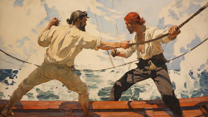 Combat au sabre entre pirates gnr par l'IA midjourney, style symbolisme de Ferdinand Hodler