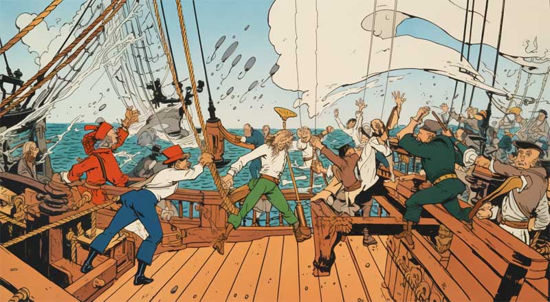 Combat au sabre entre pirates gnr par l'IA midjourney, style Herg, auteur de Tintin