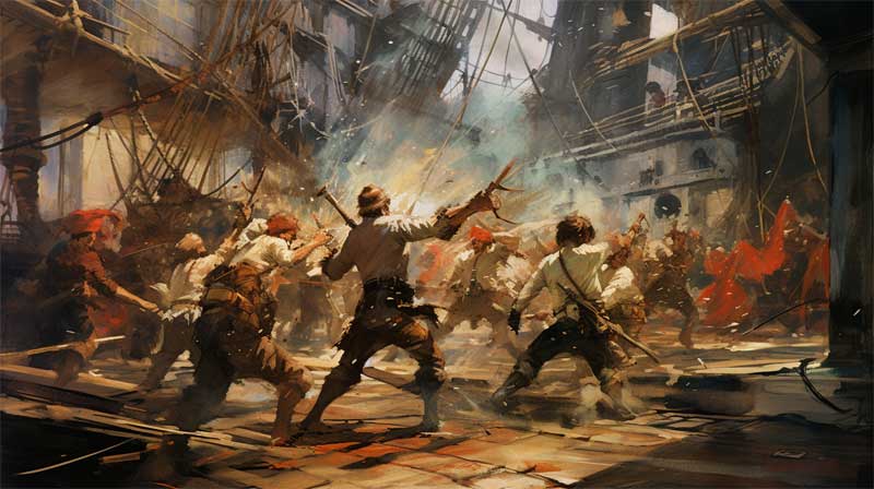 Combat au sabre entre pirates gnr par l'IA midjourney, style Jean Giraud, auteur de Blueberry