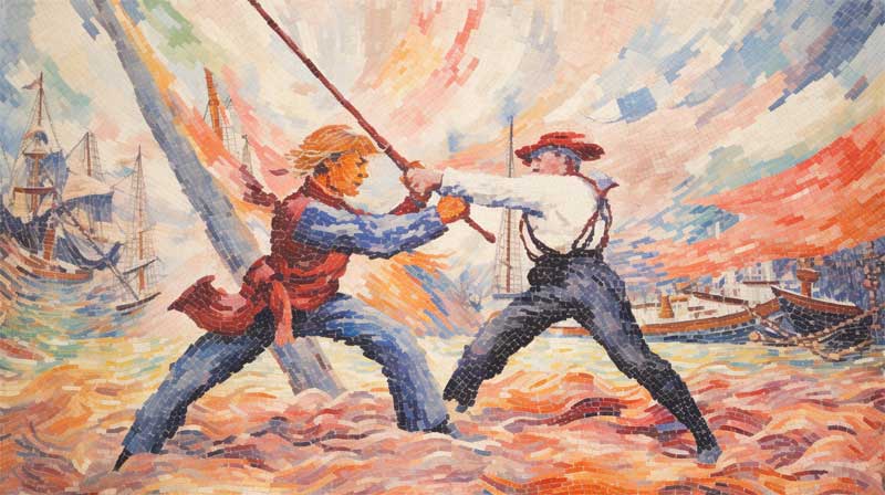 Combat au sabre entre pirates gnr par l'IA midjourney, style pointillisme de Paul Signac