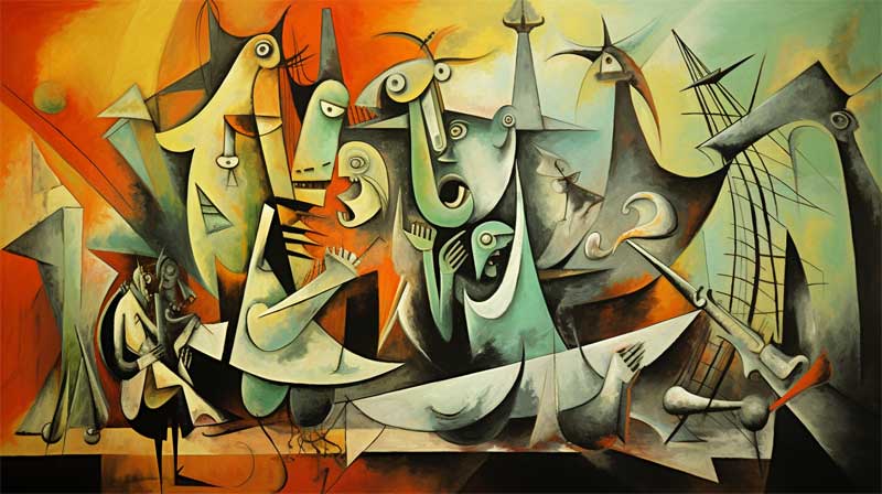 Combat au sabre entre pirates gnr par l'IA midjourney, style cubisme de Picasso