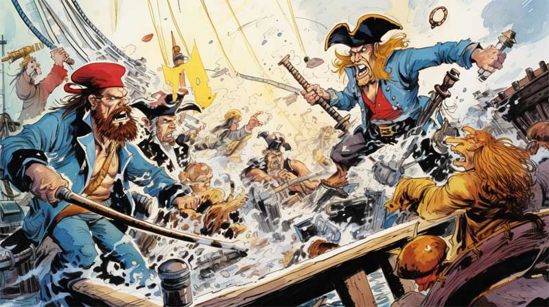 Combat au sabre entre pirates gnr par l'IA midjourney, style Uderzo, auteur de Asterix