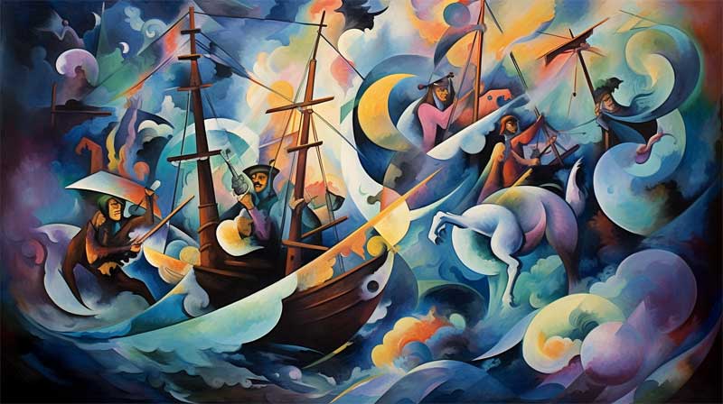 Combat au sabre entre pirates gnr par l'IA midjourney, style abstrait de Vassily Kandinsky