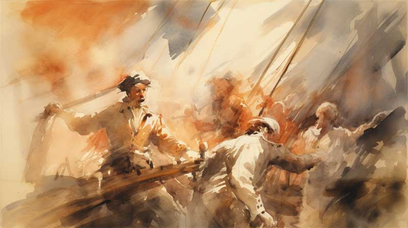 Combat au sabre entre pirates gnr par l'IA midjourney, style romantisme de William Turner