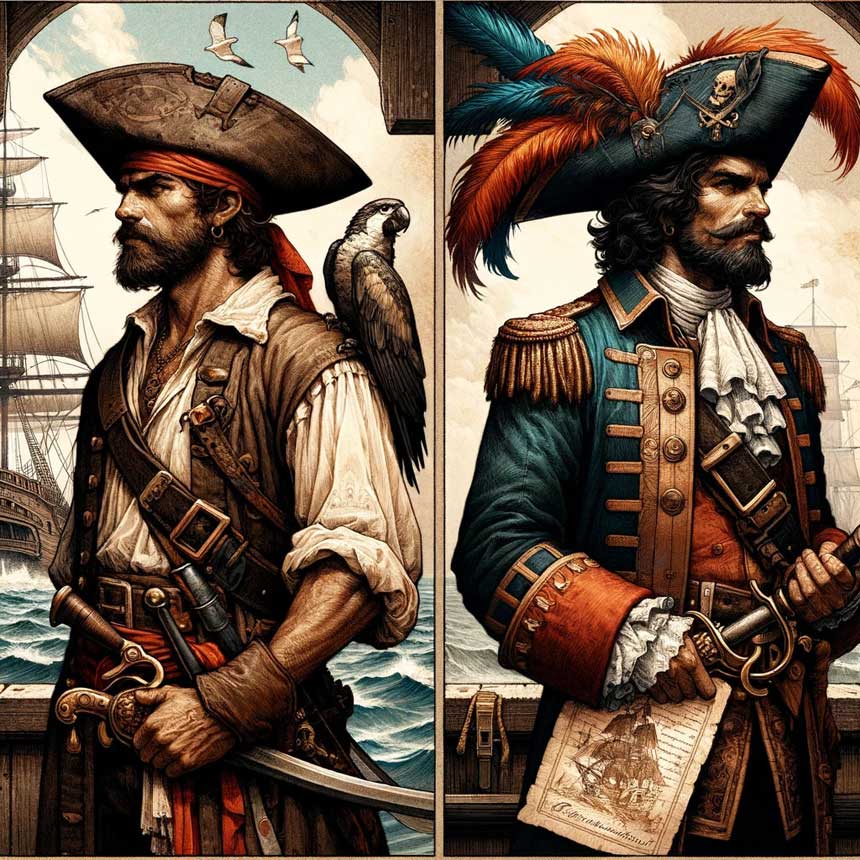 Les diffrences entre les pirates et les corsaires : habits, lois, objectifs, activits, relations sociales, perception, expertise maritime